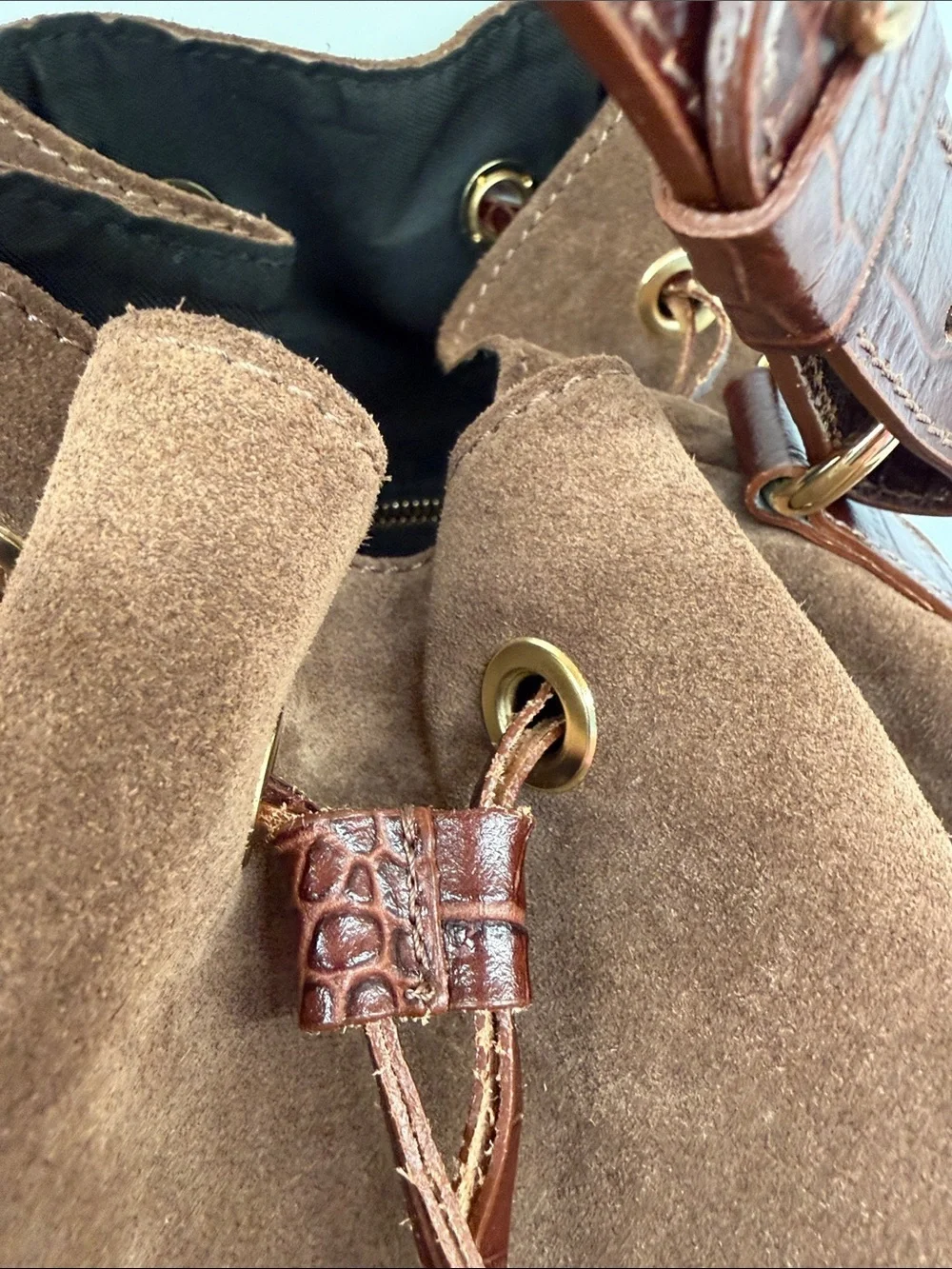 Isadora Brown Suede Drawstring Bucket Bag with Croc-Textured Trim Italy